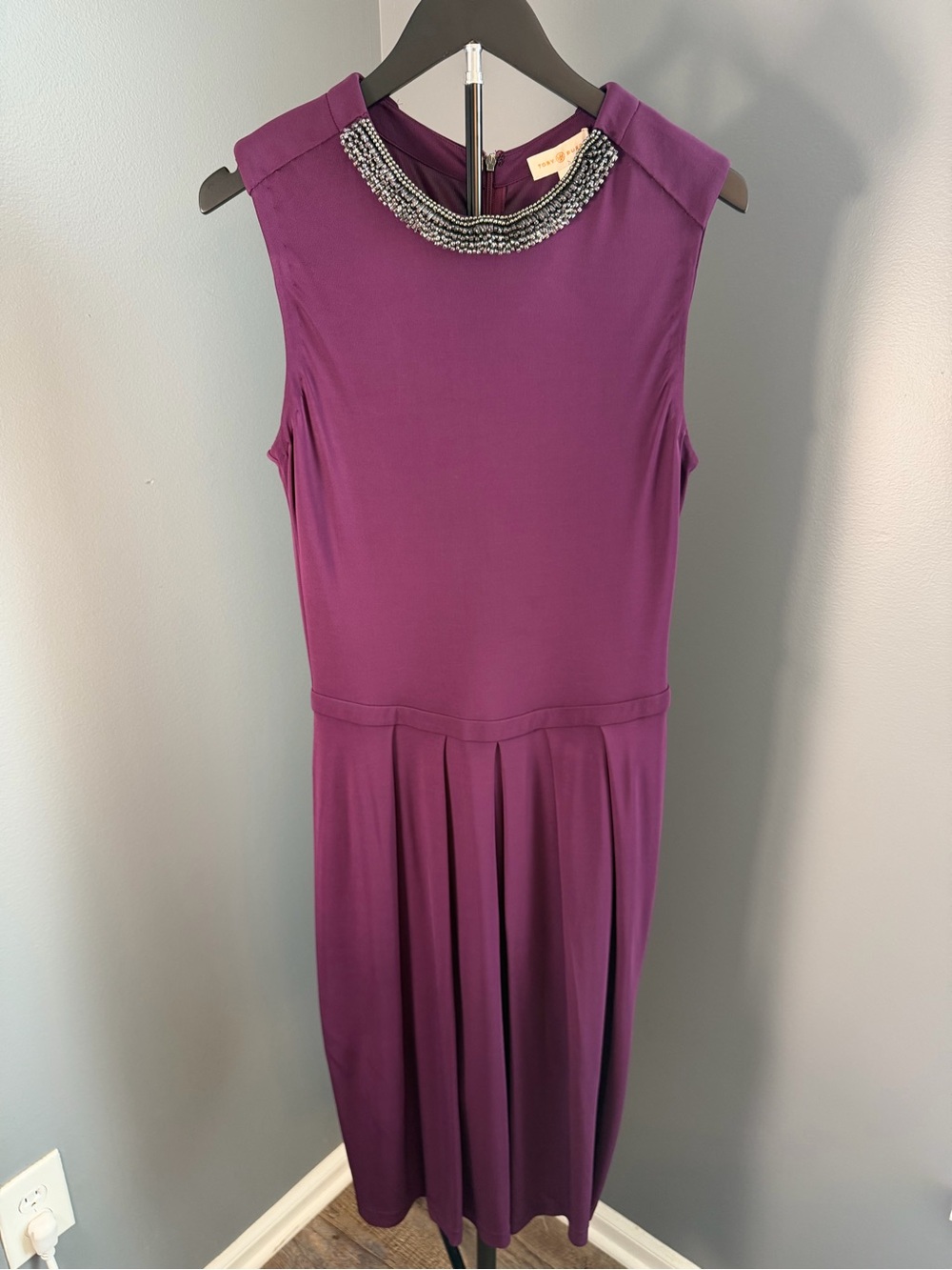 Tory Burch Purple Sleeveless Midi Dress with Beaded Neckline